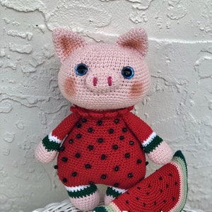 Crochet  amigurumi organic cotton miniature plushes pig piggy piglet watermelon children toy gift  Baby shower stuffed animal nursery 10.5&quot;