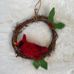 Needle Felted Christmas Red Cardinal Bird Wreath decoration ornament Felted Wool One Bird Felted Bird Winter Christmas  READY FOR SHIPMENT