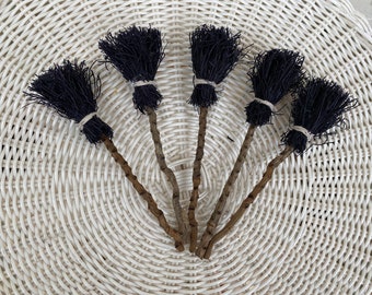 Set of 5 miniature handmade round excelsior black brooms 6.5-7” Witch Halloween Terrarium Dollhouse Supply Home decoration Wicca Crafts