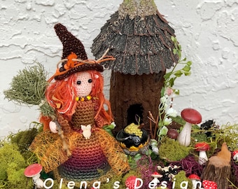 Halloween Crochet witch doll Tilda decor amigurumi doll halloween decor stuffed doll witch art doll toy plush red headed doll witch hat