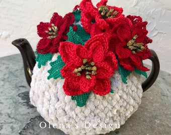 Crochet tea cozy light beige tea cover poinsettia tea cosy tea warmer crochet flower Christmas accessory décor Christmas gift kitchen decor