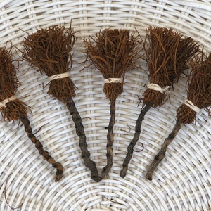 Set of 5 miniature handmade round excelsior brooms 4.5&quot;-5&quot; Witch Halloween Crafts Terrarium Dollhouse Supply decor Wicca Crafts Potter