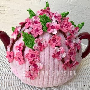 Crochet tea cozy pink tea cover cherry blossom tea cosy warmer crochet sakura blossom green kitchen accessory crochet high tea accessory