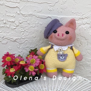 Crochet  amigurumi organic cotton miniature plushes pig piglet piggy lavender baby backpack children toy gift Baby shower stuffed animal 10"