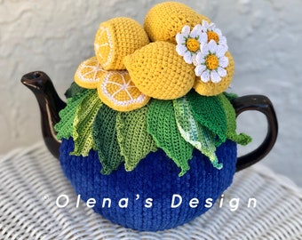 Crochet tea cozy blue tea cover lemon tea cosy tea warmer crochet lemon flower green kitchen accessory crochet high tea party room  décor