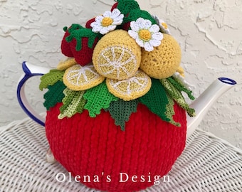 Crochet tea cozy red cover lemon strawberry tea cosy warmer crochet lemon flower kitchen accessory Mother's Day gift idea tea time décor