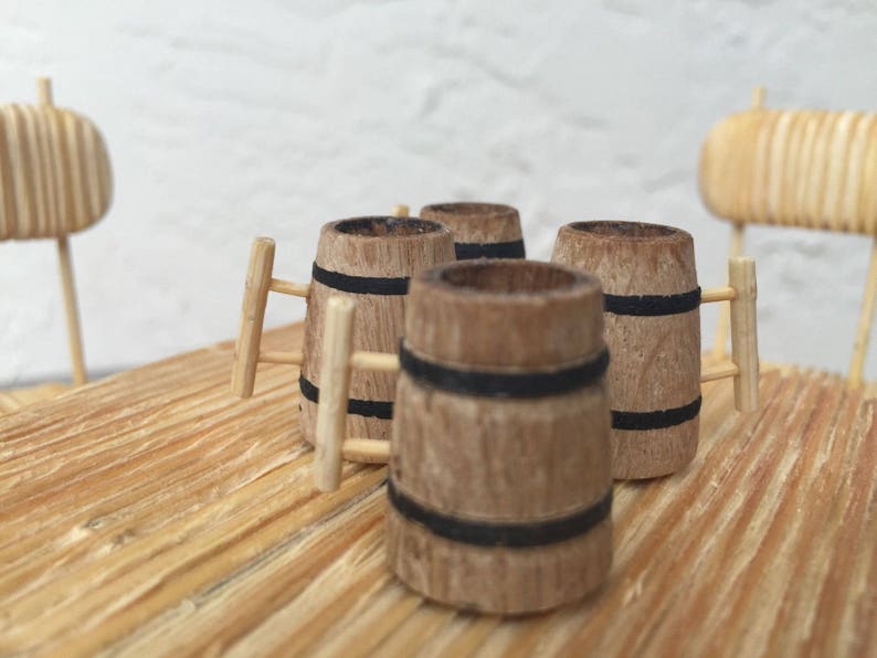Wooden Doll oak miniature set of 4 beer mugs 1:24 dollhouse furniture oak decor handmade oak doll kitchen set decoration