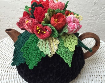 Crochet tea cozy black tea cover red tulip field tea cosy tea warmer crochet tulips green kitchen accessory crochet high tea accessory décor