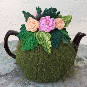 Scalda-teiera all'uncinetto, copri-teiera verde, scalda-teiera rosa muschio, accessorio da cucina verde, accessorio per il tè all'uncinetto, decorazione per il tè pomeridiano.