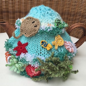 Crochet tea cozy blue tea cover ocean coral reef tea cosy tea warmer crochet  reef green kitchen accessory crochet high tea accessory décor