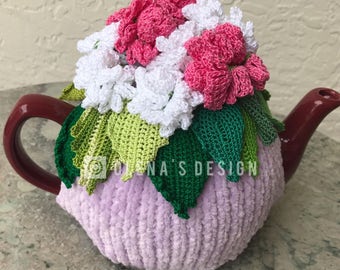 Crochet tea cozy violet tea cover geranium  flower tea cosy tea warmer crochet flower green kitchen accessory crochet high tea accessory