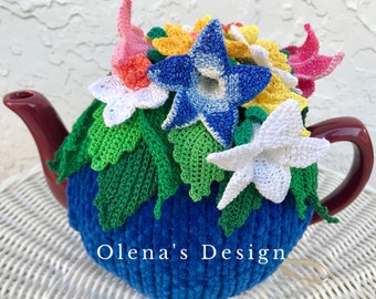 Crochet tea cozy blue tea cover daffodils bell flowers  tea cosy tea warmer Spring flower Mother's Day gift crochet Easter accessory décor
