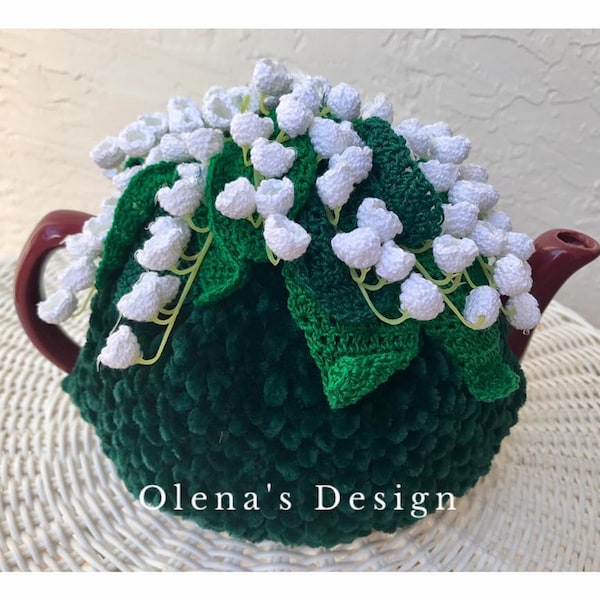 Crochet tea cozy green tea cover lily of the valley spring flowers cosy tea warmer flower green kitchen accessory crochet high tea accessory