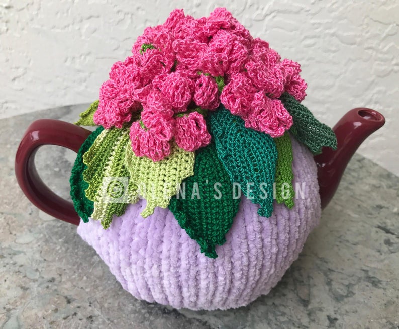 Crochet tea cozy violet tea cover pink geranium flower tea Etsy