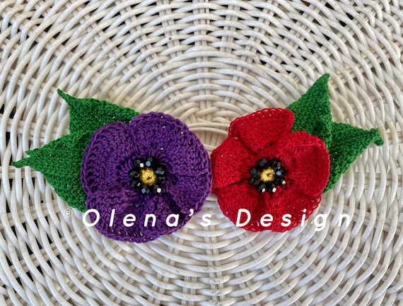 Crochet Red Poppy Flower Brooch ONE Pin Veterans Day Poppy Brooch Remembrance Day Violet Poppy Cotton Brooch 2nd anniversary gift Hairpiece