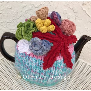 Crochet tea cozy nautical tea cover tea cosy seaside tea warmer crochet nautical red starfish kitchen accessory crochet marine decor