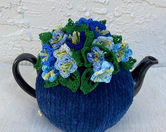 Crochet tea cozy dark blue tea cover tea cosy tea warmer blue bells flower cozy green kitchen accessory crochet high tea accessory décor