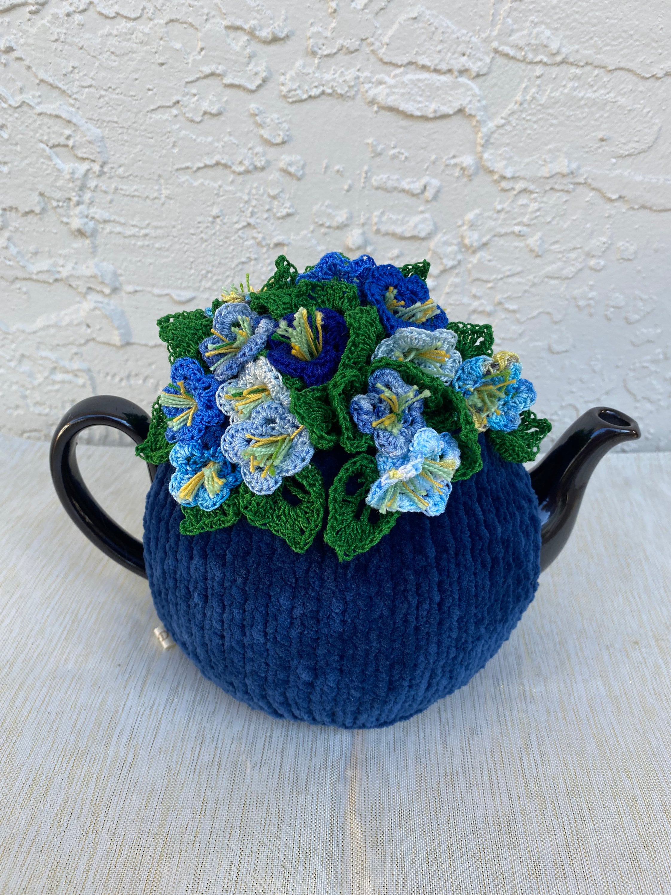 Crochet tea cozy dark blue tea cover tea cosy tea warmer blue bells flower cozy green kitchen accessory crochet high tea accessory décor