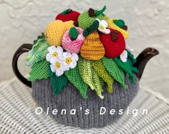Crochet tea cozy gray tea cover apples flowers tea cosy tea warmer crochet apples green kitchen accessory crochet high tea accessory décor