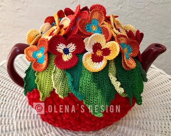 Crochet tea cozy red tea cover red pansy tea cosy tea warmer crochet flower green kitchen accessory crochet high tea accessory décor