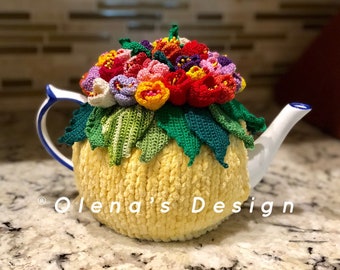 Crochet tea cozy yellow tea cover tulips field tea cosy tea warmer 6-8 cups crochet tulips green kitchen accessory crochet high tea