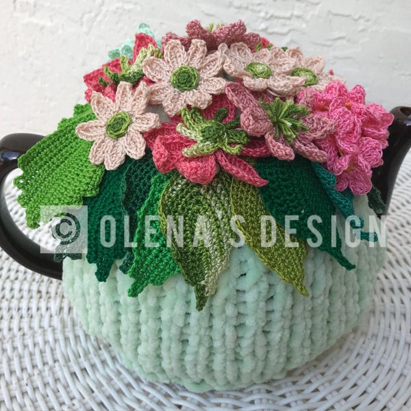 Crochet tea cozy green tea cover spring flower tea cosy tea warmer flower green kitchen accessory crochet high tea accessory décor