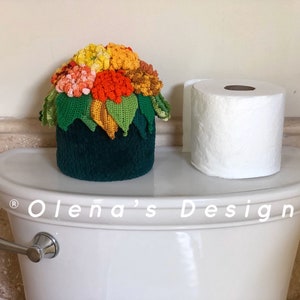 Crochet toilet paper roll cover cloth dress orange yellow aster bathroom decor autumn flowers green accessory decor gift
