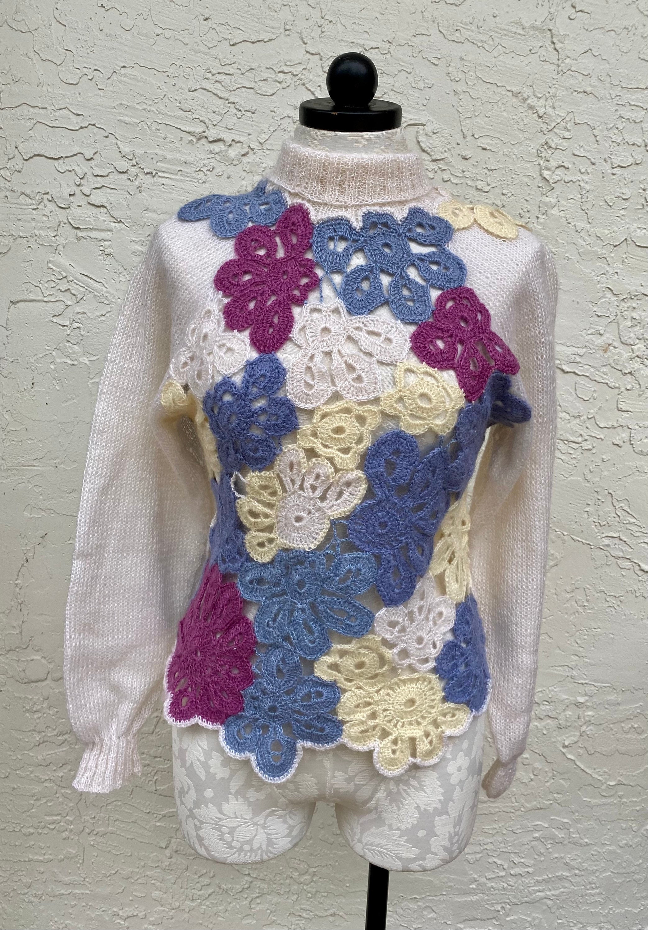 Irish Lace Crochet Floral Elegant Sweater White Blue Mohair   Etsy