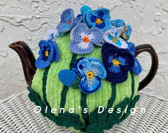 Gehaakte theemuts groene theehoes blauw viooltje theemuts theewarmer gehaakte bloem groene keukenaccessoire gehaakte high tea accessoire decor