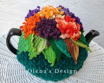 Crochet tea cozy green cover asters orange violet tea cosy warmer flowers autumn fall green kitchen accessory crochet tea accessory decor