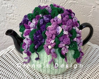 Crochet tea cozy mint green tea cover wisteria flower tea cosy tea warmer crochet flower green kitchen accessory crochet high tea accessory