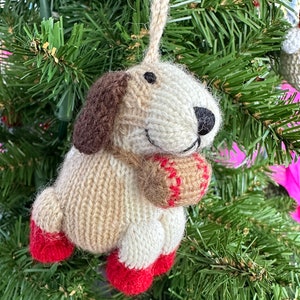 Knitted toy amigurumi merino wool Dog With Barrel Christmas Tree Ornament miniature plushes  ornament children toy decoration ornament READY