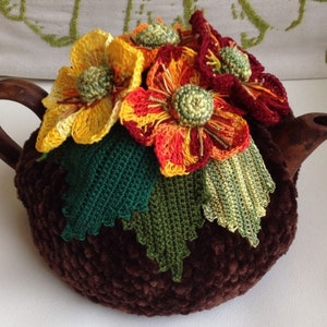 Crochet tea cozy brown tea cover autumn flower tea cosy tea warmer crochet flower green kitchen accessory crochet high tea accessory décor
