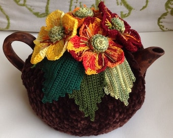 Crochet tea cozy brown tea cover autumn flower tea cosy tea warmer crochet flower green kitchen accessory crochet high tea accessory décor
