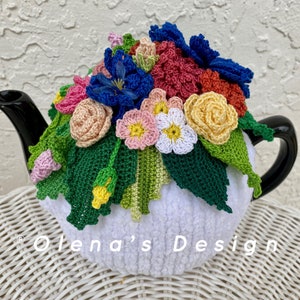 Crochet tea cozy white tea cover spring flower tea cosy tea warmer crochet flower green kitchen accessory crochet high tea decor Christmas