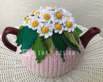 Crochet tea cozy pink tea cover daisy tea cosy tea warmer white daisy flower green kitchen accessory crochet high tea accessory décor