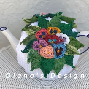 Crochet tea cozy white tea cover pansy flower tea cosy tea warmer crochet flower green kitchen accessory crochet high tea tea time décor