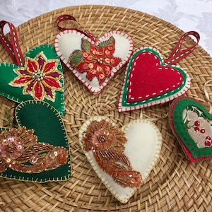 Felt Christmas ornaments felt Christmas decoration green white red poinsettia ONE ornament heart holiday accessory felt décor
