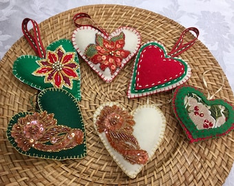 Felt Christmas ornaments felt Christmas decoration green white red poinsettia ONE ornament heart holiday accessory felt décor