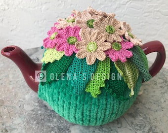 Crochet tea cozy green tea cover spring flower tea cosy tea warmer flower green kitchen accessory crochet high tea accessory décor