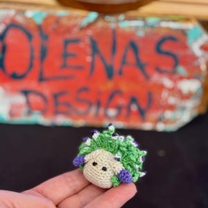 May include: A handmade crochet hedgehog pin with a beige face, green and white spiky back, and purple accents. The pin is held in a hand, with a blurred background featuring the text "OLENAS DESIGN" on a red and turquoise surface.