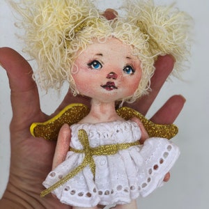 Textile Little Angel rag doll miniature hand painted mermaid OOAK art fabric ONE doll Christmas ornament  décor 7&quot;/17 cm READY for shipment
