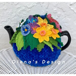 Crochet tea cozy blue tea cover spring flower tea cosy tea warmer crochet flower green kitchen accessory crochet high tea party accessory