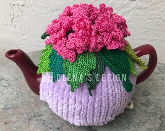 Crochet tea cozy violet tea cover pink geranium  flower tea cosy tea warmer crochet flower green kitchen accessory crochet high tea accessor