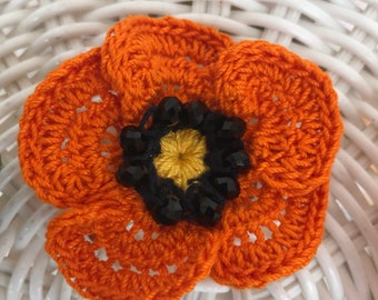 Crochet orange Poppy Flower ONE Brooch orange Poppy Pin California Poppy Brooch Cotton hairpiece 2nd anniversary gift Hair alligator pin