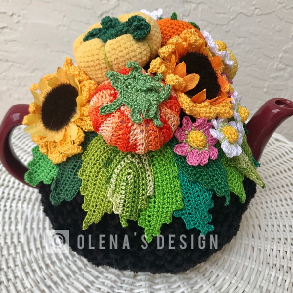 Crochet tea cozy black tea cover sunflower tea cosy tea warmer pumpkin autumn fest green kitchen accessory crochet high tea accessory decor