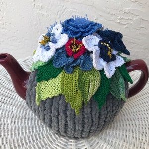 Crochet tea cozy gray tea cover spring blue flower tea cosy tea warmer crochet flower green kitchen accessory crochet high tea accessory