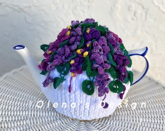 Crochet tea cozy white tea cover wisteria flower tea cosy tea warmer crochet flower green kitchen accessory crochet high tea decor