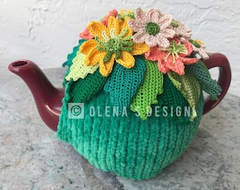 Crochet tea cozy green tea cover yellow spring flower tea cosy tea warmer flower green kitchen accessory crochet high tea accessory décor