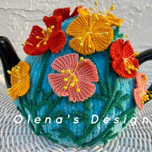 Crochet tea cozy blue tea cover California poppy tea cosy tea warmer crochet poppy flower kitchen accessory décor unique gift Mother’s Day